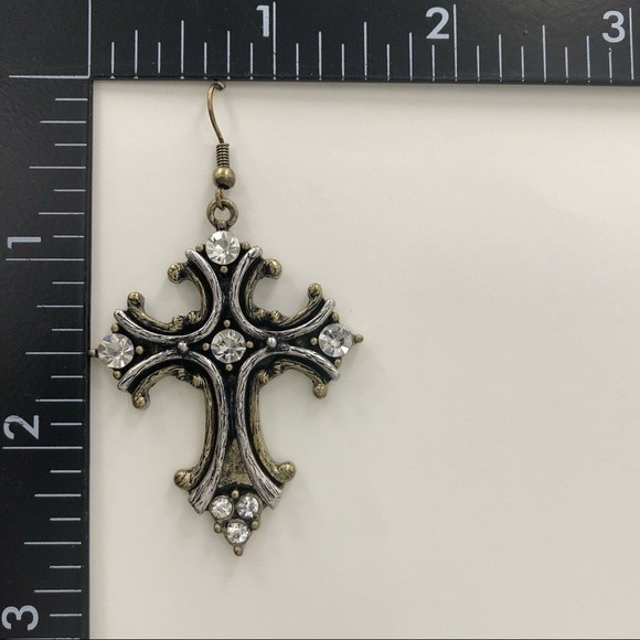 🌼 2- Tone Gold Silver Rhinestone Cross Dangle Earrings - Picture 2 of 2
